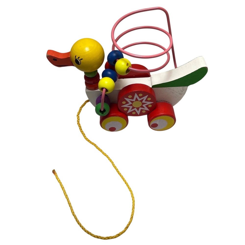 Wooden Duck Pull Toy Kids Multicolor Wood Bead Maze Roller Coaster Classic Boho